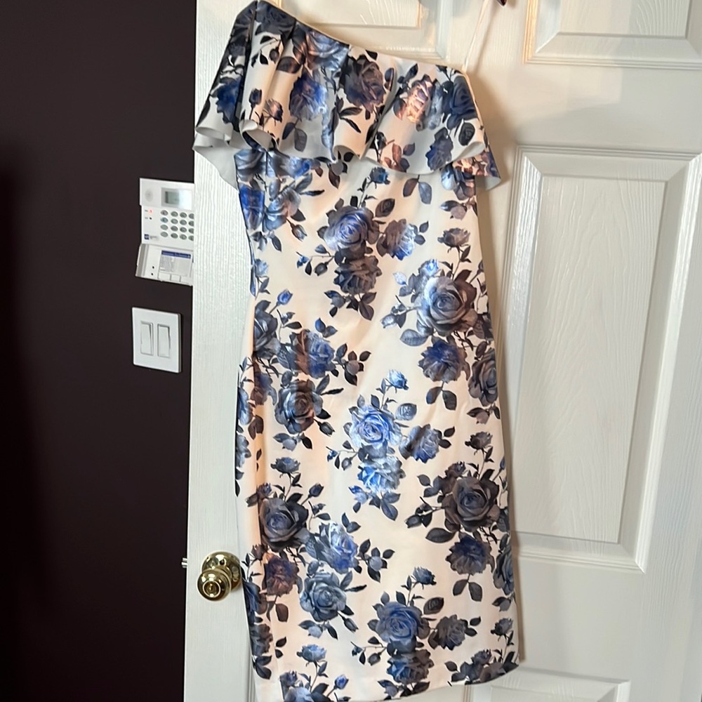 Gorgeous own shoulder white dress with blue/silver metallics
